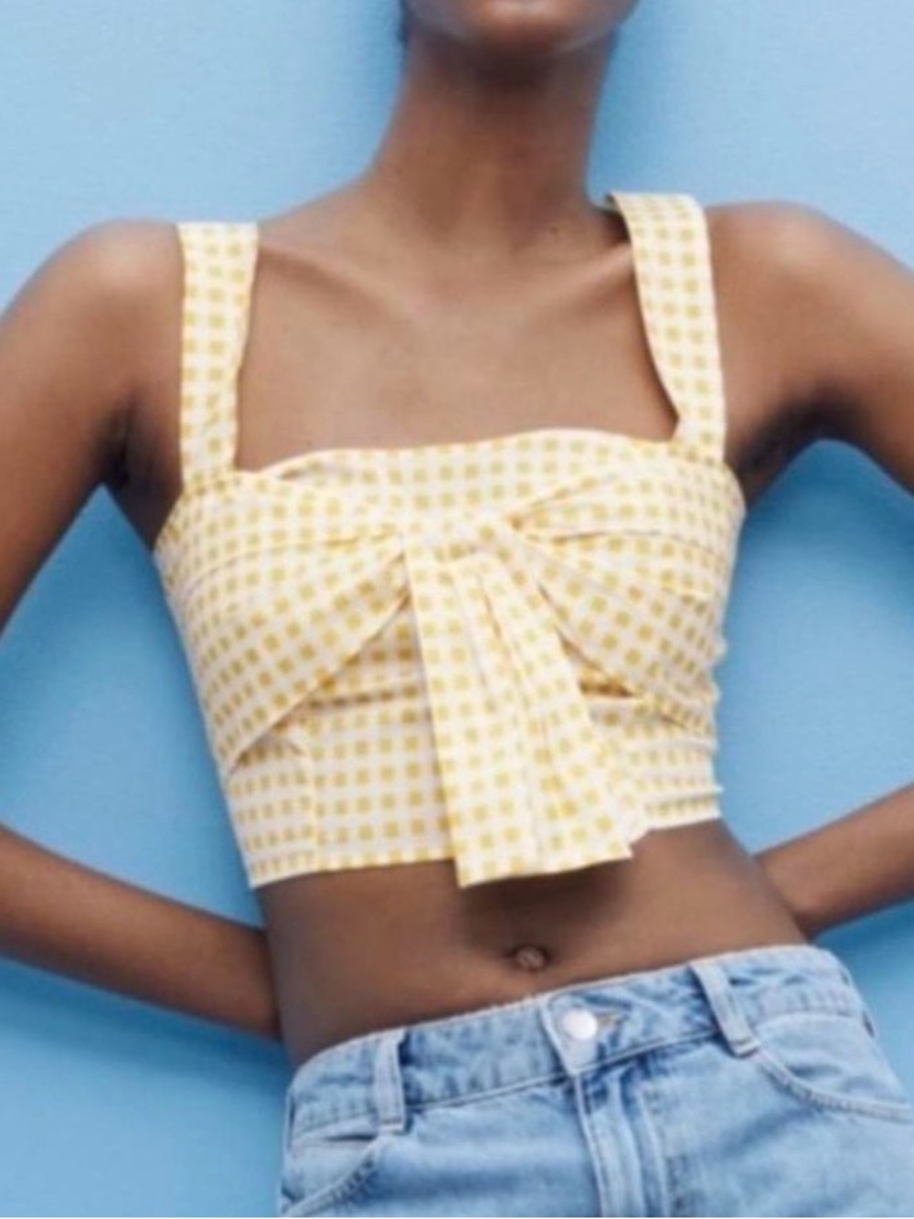 Zara Yellow Gingham Tie-Front Crop Top